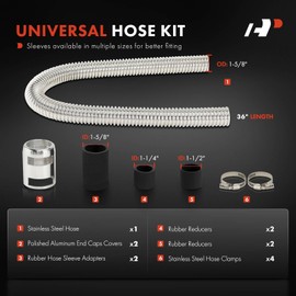 A-Premium 48" Universal Flexible Radiator Hose - Stainless Steel Water Hoses Adapter Coolant Hose Kit - with 4Pcs Polished Aluminum Caps (8 Clamps) Silver