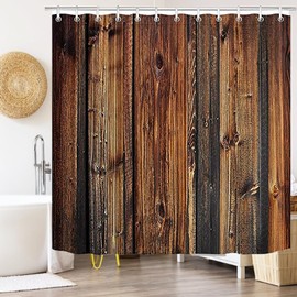 Old Barn Door Wooden Pattern Fabric Bathroom Decor Barn Door Rustic Shower Curtain with Hooks Waterproof Washable 72 x 72 inches-Brown