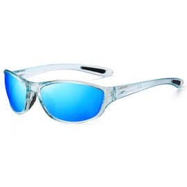 LKEYE Polarized Sports Sunglasses For Men Women Cycling Driving Fishing UV400 Protection Spring Hinge Goggles Wrap Around Mirror Lenses Sun Glasses LK6092 Blue/Blue