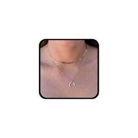 Cybche Punk Layered Moon Choker Necklace Gold Crescent Moon Necklace Sky Moon Pendant Necklace Ox Horn Necklace Figaro Chain Collar Necklace Jewellery for Women, Zinc