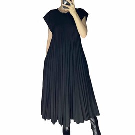 LZIALBM Women's Summer Pleated Maxi Dress 2024 Casual Cap Sleeve Loose Fit Flowy Long Dresses with Pockets Black
