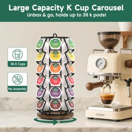 EsLuker.ly K Cup Coffee Pod Holder Organizer Carousel for Counter, Rotating Metal Rack Stand Small for 36 Pods Home Office Kitchen Storage, No Assembly Required, Black
