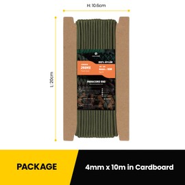 Kamu Synber 550 Paracord, 4 mm, 10 m, Type III Cord, 7 Strands, Nylon Rope, Parachute Cord for Crafts, Outdoor, Camping, Survival, Load Capacity 250 kg, Army Green