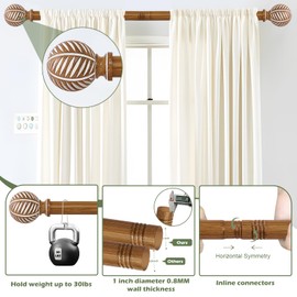HTZON Wood Boho Curtain Rods for Windows:Wooden Farmhouse Decorative Curtain Rod for Bedroom Living Room,Heavy Duty Adjustable Rustic Bamboo Drapery Rods with Imitation Wood Grain Finials,Brown 18-45"