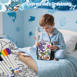 Fkwergsy Shark Coloring Crossbody Bag for Kids Boys Color Your Own Bag with 8 Pcs Markers Pens, Back to School Gifts for Kids, Coloring Kit Paint Messenger Purse Crafts for Girls 6-8 8-12