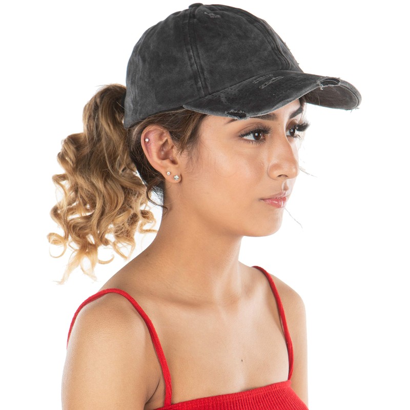 Dad Hat Ponytail Messy Bun Trucker Ponycap (Solid - Black