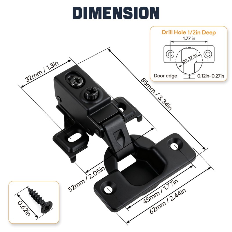 Mousike 10 Pack (5 Pair) Soft Close Cabinet Hinges, 1/2