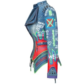 Fashionable SX women's punk flower embroidered short synthetic leather jacket hand-painted motorcycle denim jacket （Blue-XL)