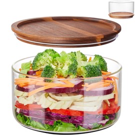 Intowalde Large Salad Bowl with Lid, 106 oz Glass Salad Bowl with Acacia Wood Lid, Versatile Glass Trifle and Fruit Bowl, Large Mixing Bowl for Salads, Dessert, Fruit, Chips, Pasta, Dishwasher Safe
