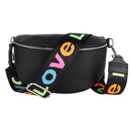 MIRROSI® Women's Bum Bag, Genuine Leather, Made in Italy, Shoulder Bag, Chest Bag, Crossbody Bag (1 Bag & 2 Straps), Black (Love Black), bohemian