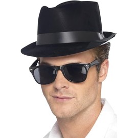 Smiffys Flocked Fedora Hat, Black Plastic, 1950's Rock'n'Rolla Fancy Dress, Adult Dress Up Hats