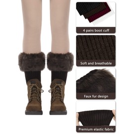 Pangda 4 Pairs Women Faux Fur Boot Cuff Furry Fuzzy Leg Warmers for Boot Winter Warmers Furry Leg Socks Knitted Boot Socks(Black, Beige, Wine Red and Coffee)