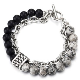 COOLSTEELANDBEYOND Mens Beaded Chain Bracelet Black Matte Grey Marbled Stone Beads, Dual-Strand Steel Chain and Charm