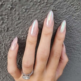 Light Pink Chrome Press on Nails Medium Almond Fake Nails Aurora False Nails with Design Glossy Glue on Nails Full Cover Sick on Nails Artificial Acrylic Nails for Women Girls Manicure 24Pcs