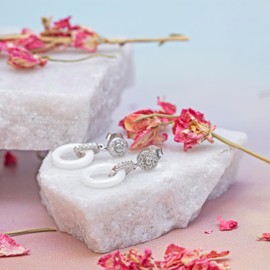 Tuscany Silver Rhodium Plated White Ceramic CZ Cluster Drop Earrings