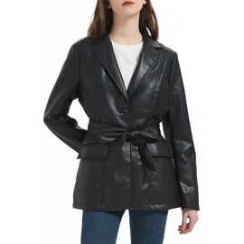 RISISSIDA Women Faux Leather Blazer Jacket,Vegan Pleather Coat with Belt Black 2226 S