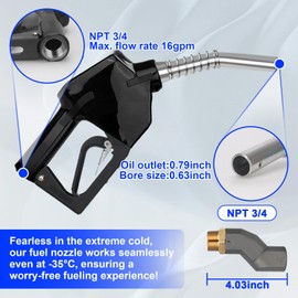 Fuel Nozzle 3/4" NPT Auto Shut Off gas pump handle with 3/4 fuel hose swivel, Gas Pump Nozzle Used for Gasoline, Diesel, and Kerosene Fuel Transfer, 13/16" Spout, 16 GPM Flow Rate (BLACK)