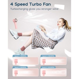EasyAcc® AI Turbo Fan 3000mAh Upgraded Max 14500RPM Strong Airflow 12H Cooling Time Rechargeable Personal Battery Operated Mini Small Pocket Hand Fan with 4 Speeds for Travel/Outdoor/Office - Pink