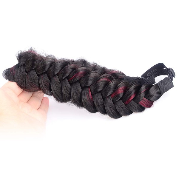 DIGUAN Messy Wide 2 Strands Synthetic Hair Braided Headband Hairpiece Women Girl Beauty accessory, 62g/2.1 oz (Natural Black with Burgundy)