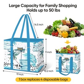 BALEINE 3Pk Reusable Grocery Bags, Foldable Shopping Bags for Groceries with Reinforced Bottom & Handles (Island Breeze)