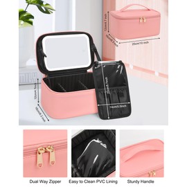 Makeup Bag With LED Mirror, Travel Makeup Bag With 3 Color Setting Light Up Mirror Cosmetic Makeup Organizer Vanity Case for Women Beauty Tools Accessories Rechargeable Makeup Travel Bag - Pink