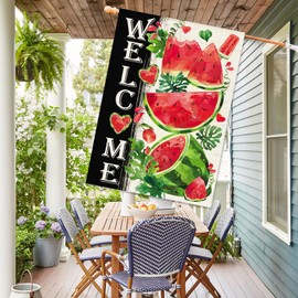 Baccessor Spring Summer Watermelon Welcome House Flag 28 x 40 Inch Double Sided Burlap Hello Summer Fruit Cool Floral Seasonal Large Yard Flag Summer Holiday Seasonal Outdoor Outside Decoration