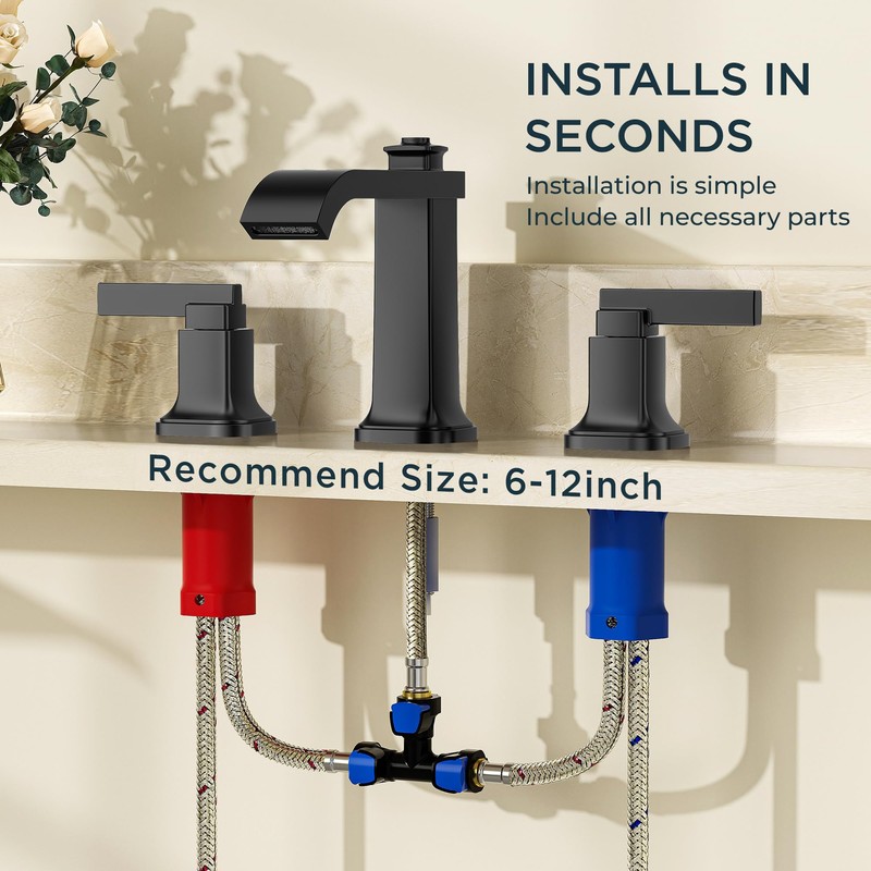 FORIOUS 3 Hole Bathroom Vanity Sink Faucet,Matte Black Waterfall Widespread