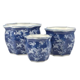 Galt International White & Blue Crane Round Fluted Floral Porcelain Ceramic Plant Flower Planter Pot Set of 3 (7.5", 10", 13") Garden Pots Chinese Asian Design