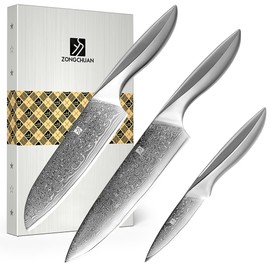 ZongChuan 3 PCS Damascus Chef Knife Set, Ultra-Smooth Cutting Experience and Professional Grade Sharp, Kitchen Knife Set,Handle Ergonomic Design,9CR18MOV High Carbon Stainless Steel,Dishwasher Safe