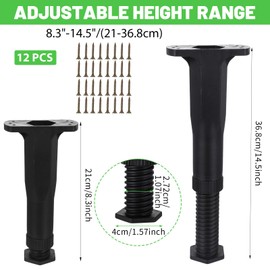 Tobeelec 12 Pcs Adjustable Height Bed Support Legs, 8.3"-14.5" Bed Frame Legs for King Queen Bed Slats Bed Slat Support Bed Frame Center Support Furniture Leg Replacement Kit