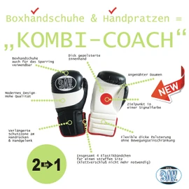 'Bay "2 in 1 Combi Coach® Leather PU Boxing Bag Gloves featuring Palm Cushion Focus Pads, Hook and Jab Pad Pre-Formed, Set of 2, Black and White All Round, Twisted Men Lady Women's Girls Kids Strike Shield Punch Bag Kick Pad Boxing Pad Focus Pads Punch M