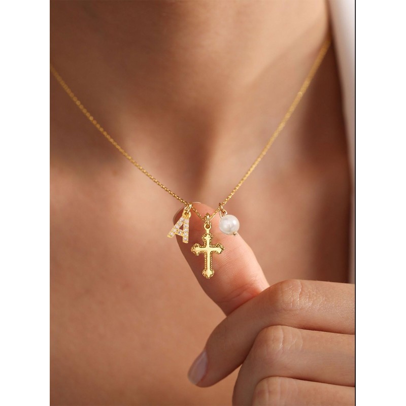 Initial Pearl Cross Necklace for Women Teen,First Communion Baptism Confirmation