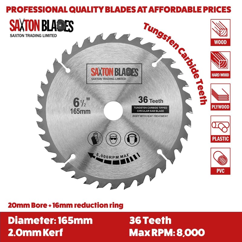 Saxton TCT Circular Wood Saw Blade 165mm x 20mm (16mm