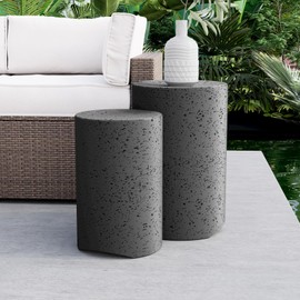 COSIEST Concrete Side Table, Set of 2 Round Outdoor Side Tables, Decorative Garden Stools for Indoor Outdoor, Accent Table Patio Side Table End Table w Spotted, Nesting, Dark Grey