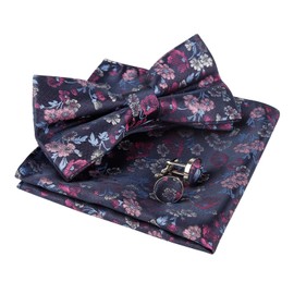Alizeal Mens Paisley Pre Tied Bow Tie Pocket Square Cufflinks Set, 006 - Navy + Magenta + Pink, One size fits all