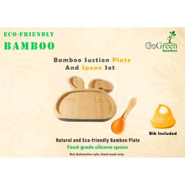 Baby Toddler Bunny Suction Plate Set | Stay Put Feeding Plate | Natural Bamboo | Spoon and Bib Included (Orange)