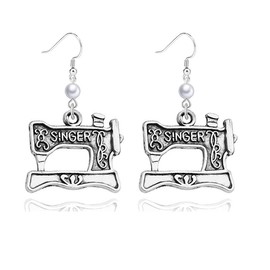 Dreuyet Yarn Knitting Pearl Earrings for Women Unique Silver Sewing Knitting Themed Needles and Yarn Ball Charm Crochet Earrings for Knitter Sewing Lovers Jewelry Gift (SINGER sewing machine)