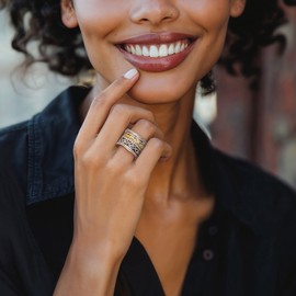 Ross-Simons Sterling Silver and 18kt Gold Over Sterling Jewelry Set: 6 Textured Rings. Size 7