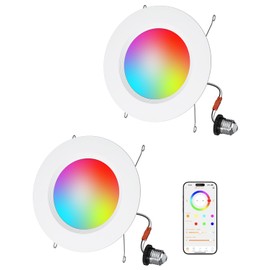 LED Recessed Lighting 5/6 inch, Smart Bluetooth Can Lights, 13W 1050LM, RGB Color Changing Selectable, Retrofit Led Recessed Light Fixtures Compatible with Alexa for Bedroom Living Room Kitchen, 2Pack