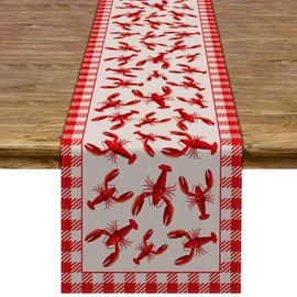 Pudodo Crawfish Boil Table Runner Lobster Seafood Boil Themed Buffalo Plaid Check Birthday Kitchen Dining Home Decoration (13" x 72", Red and White)