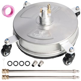 Hourleey 14" Pressure Washer Surface Cleaner, Stainless Steel Surface Cleaner with 4 Wheels for Concrete, Patio, Sidewalk, Deck, Pathway 1/4" Quick Connector, 2 Extension Wand, 4000 PSI