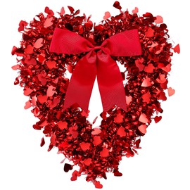 Sggvecsy 17.7'' Tinsel Heart Shaped Wreath with Red Bow for Front Door Wedding Party Anniversary Wall Gift for Girlfriend Mother's Day Birthday Decor