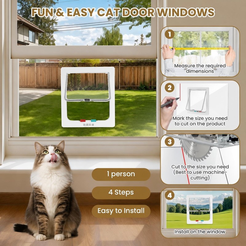 Cat Door for Window Insert, Fits 14-24 Inch, Clear Plexiglass,