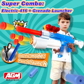 AGM MASTECH Automatic Electric Dart Blaster Gun with 3-Shot Grenade Launcher, 2 Modes Manual & Auto Soft Bullet Toy, Shell Ejection Foam Blaster for Teens 14+ and Adult Ages