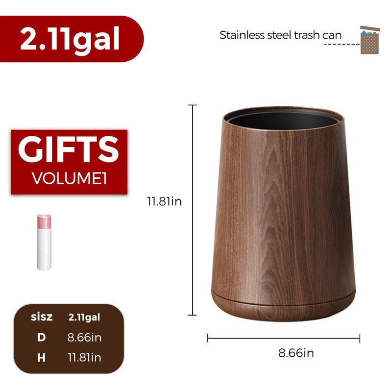 LEASYLIFE 8L/2.1GAL Modern Metal Waste Bin with Realistic Wood Texture,Built-in