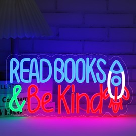 Read Books and Be Kind Neon Sign Rocket LED Neon Signs,Neon Signs for Wall Decor,Neon Light Neon Sign for Library Decor Bookstore Museum Study Room Bedroom Classroom Lights Christmas Birthday Party Student Back to School Gifts(14.2X7 inch)