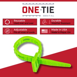 ONE TIE 8-Inch Reusable Zip Ties - Cable Management & Cord Organizer Zip Ties for Home, Office, and Industrial Use, Great for Gardening, Weather Resistant, Indoor/Outdoor Use, USA, 10pcs, Green