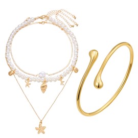 XZSKD 1PCS Shell Necklace, 1PCS Armband, Starfish Necklace,strong and Durable Shell Jewellery,metal, Suitable for Weddings, Birthdays Summer Beach Outings and Everyday Fashion.