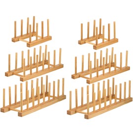 Lawei Set of 6 Bamboo Dish Rack - 3/6/8 Slots Wooden Plate Rack Stand Pot Lid Holder Dish Drying Rack for Dish, Bowl, Cup, Cutting Board and More