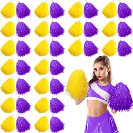 Daifunli 40 Pcs Cheerleading Pom Poms with Plastic Handles Cheerleader Squad Spirited Sports Dance Fun Foil Pompoms Hand Flowers for Adults Rooters Cheering Party(Purple, Gold)